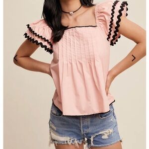 Listicle Pink and Black Flutter Sleeve Blouse with Ruffled Pleats